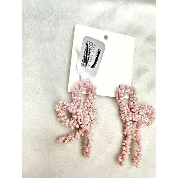 NEW Free People Brandy Bow Dangles Earrings Beaded In Pink Elegant Femme Funky - Picture 2 of 3